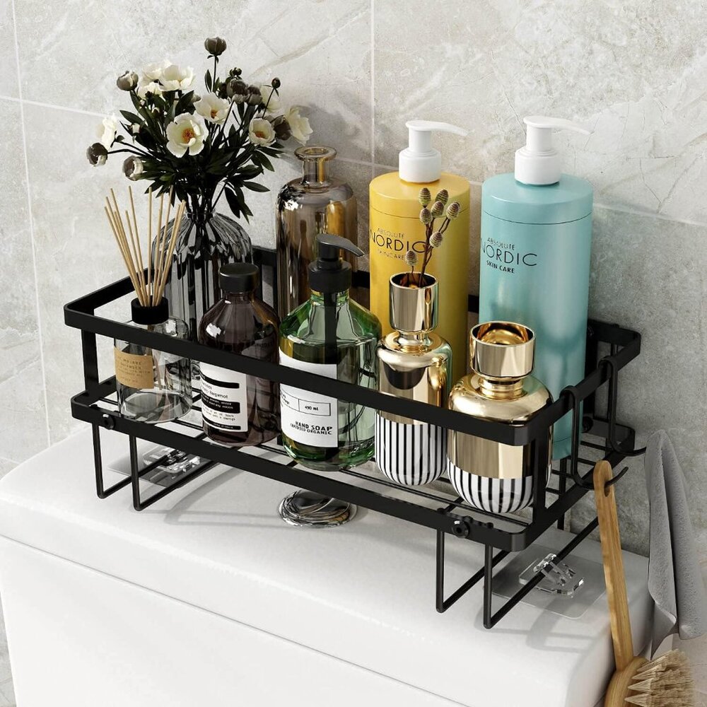 Bathroom Organizer - Over Toilet Storage, Floating Shelves With 2 Hooks, Wall Mo